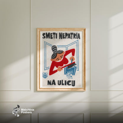 Woman Sweeping - vintage matchbox label print - bedroom mockup