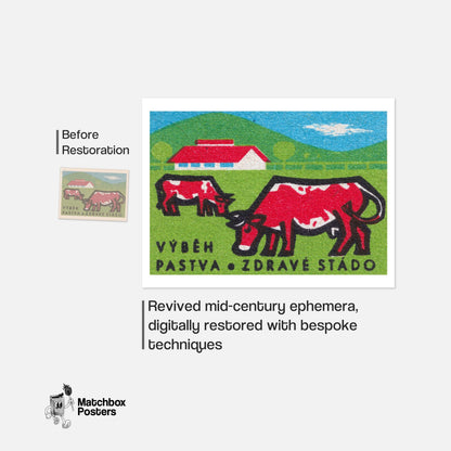 Grazing Cows - vintage matchbox label print - framed wall art preview