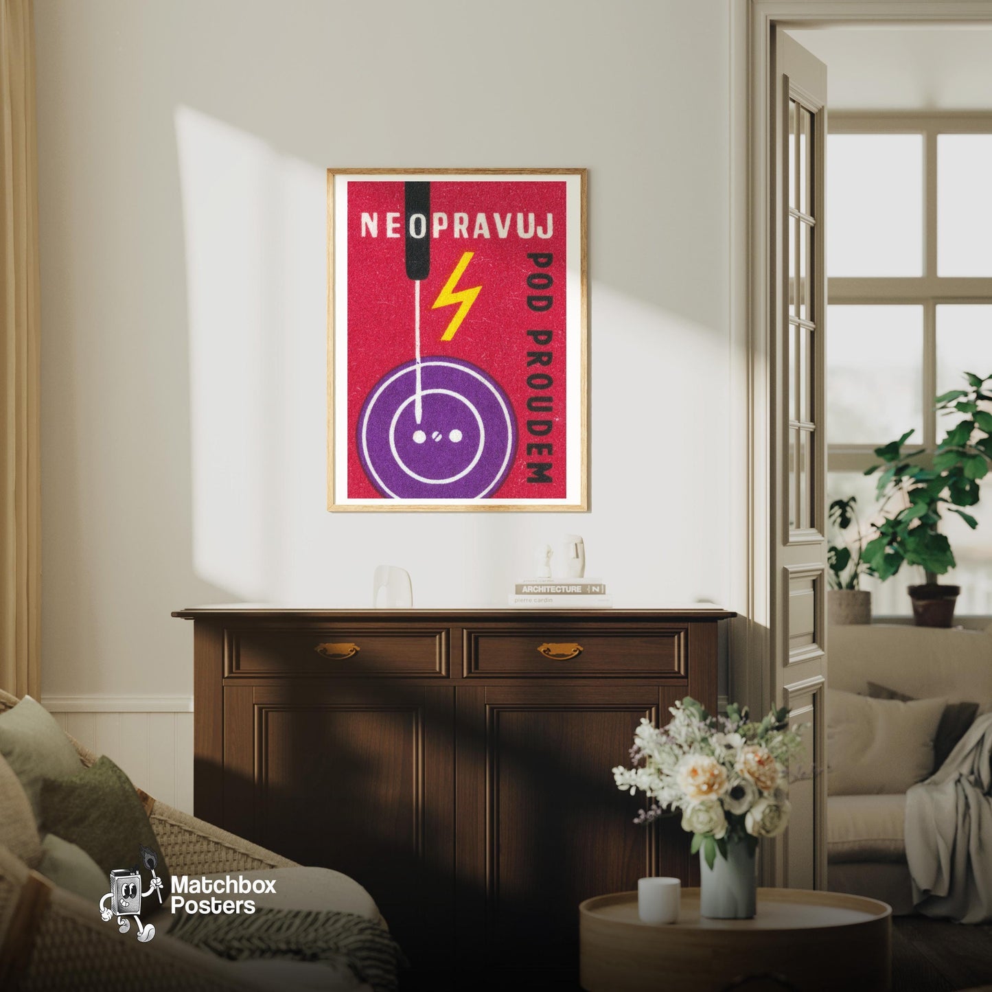 Don't Repair Power Outlet - vintage matchbox label print - living room mockup