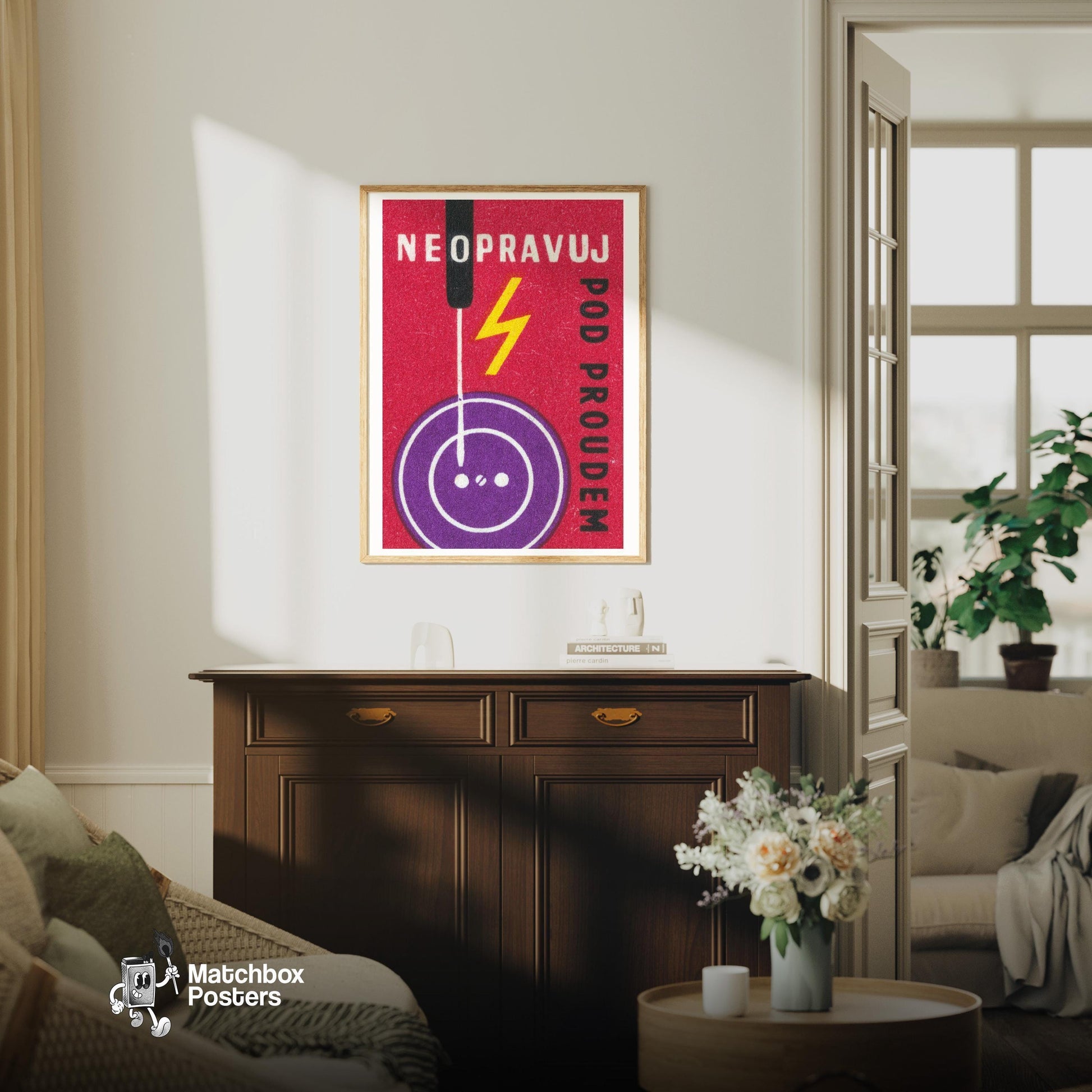 Don't Repair Power Outlet - vintage matchbox label print - living room mockup