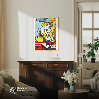 Blonde Woman Brushing Hair - vintage matchbox label print - living room mockup