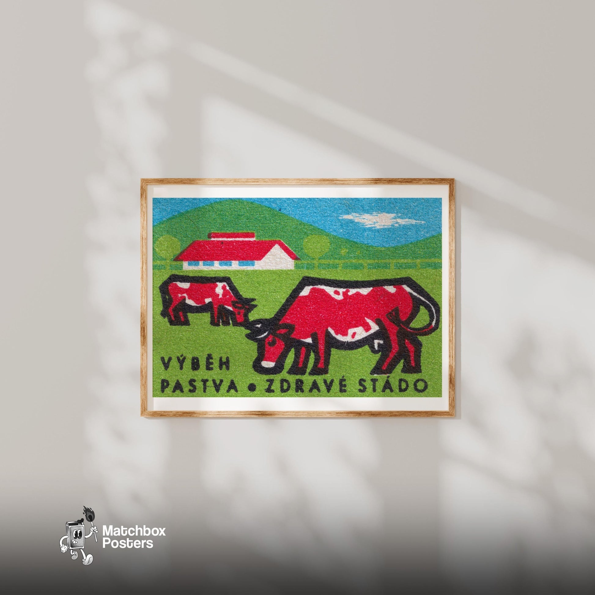 Grazing Cows - vintage matchbox label print - bedroom mockup