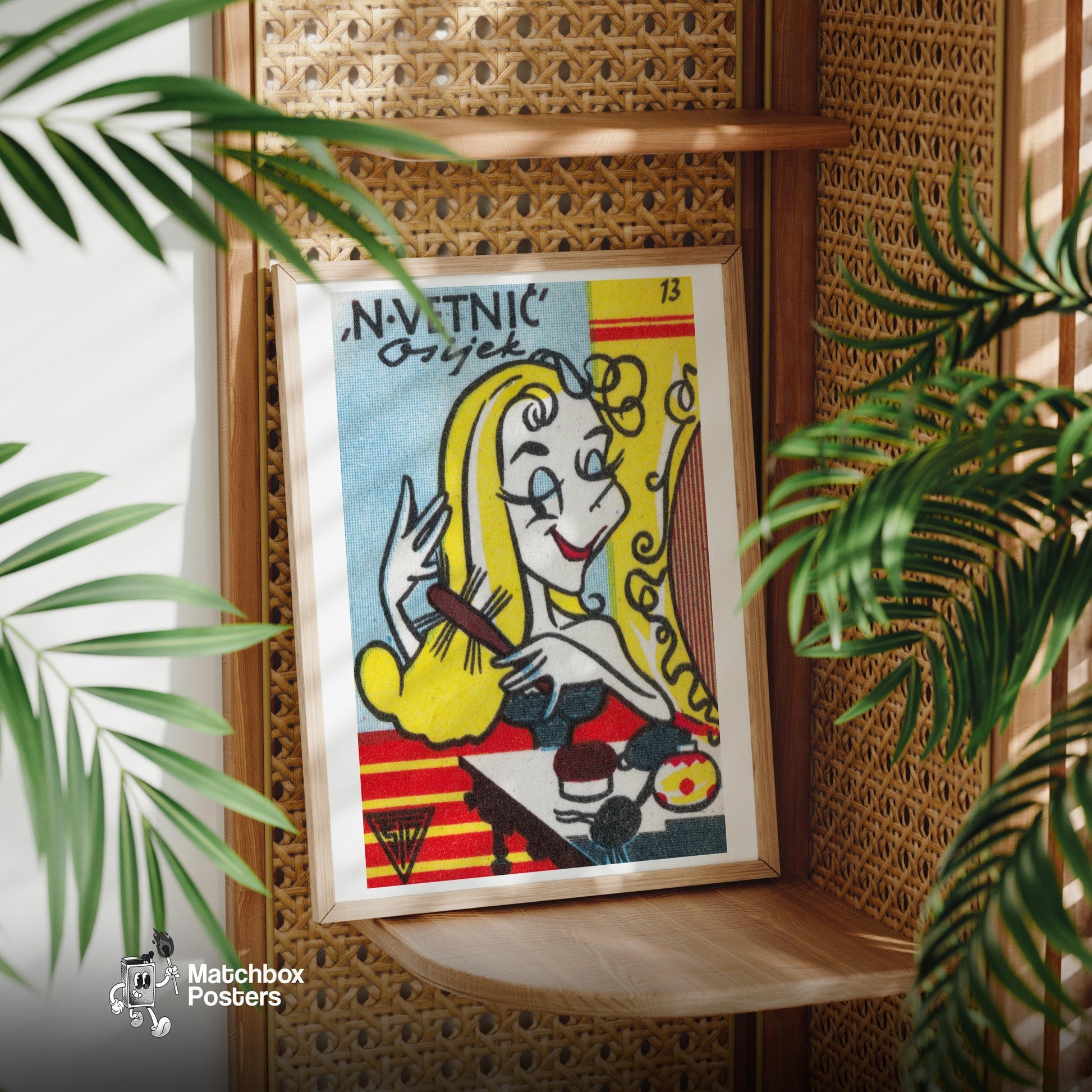 Blonde Woman Brushing Hair - vintage matchbox label print - office wall