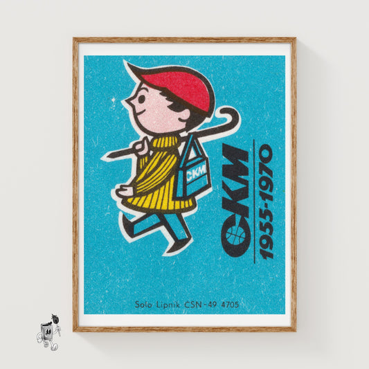 Boy Walking to School - vintage matchbox label print