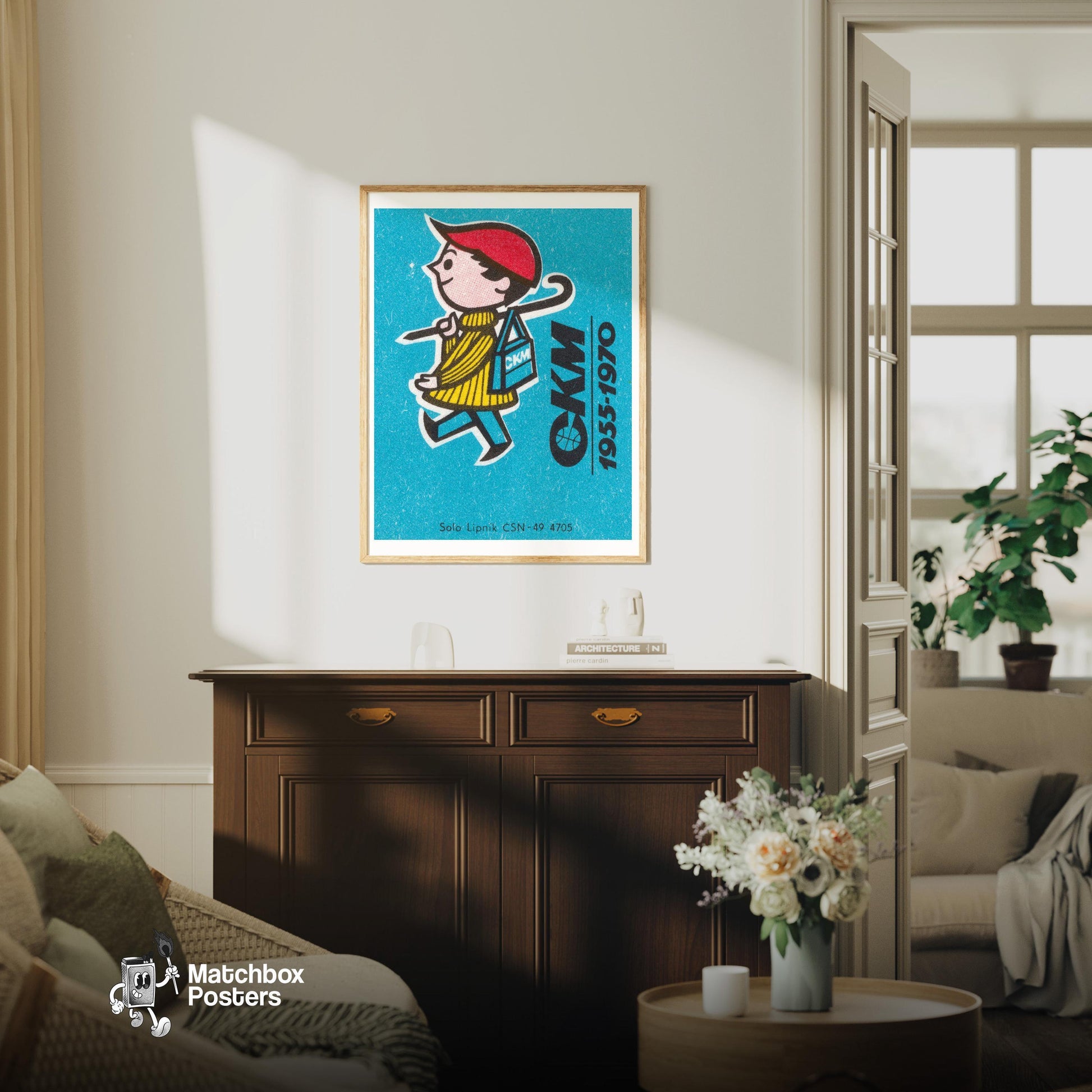 Boy Walking to School - vintage matchbox label print - living room mockup