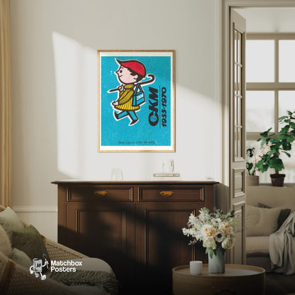 Boy Walking to School - vintage matchbox label print - living room mockup