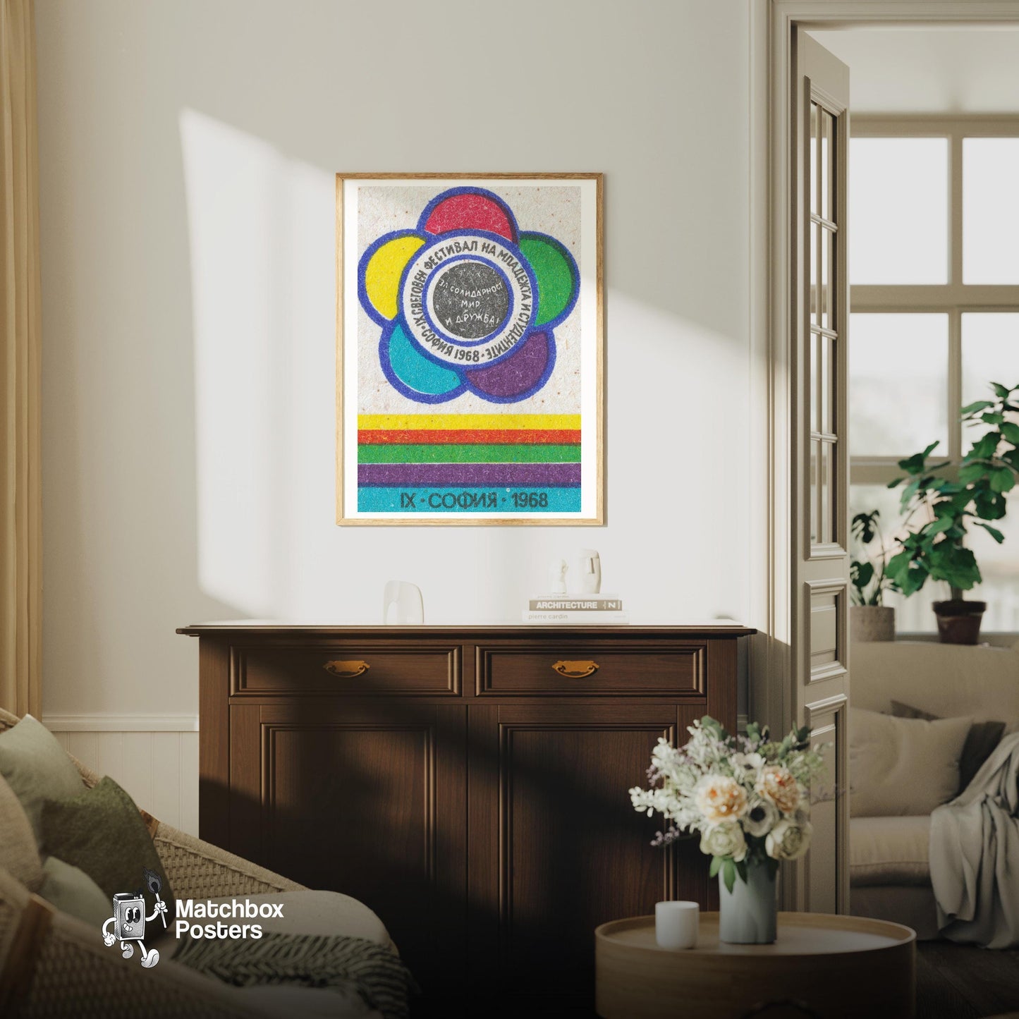 Colorful Flower with Text Circles - vintage matchbox label print - living room mockup