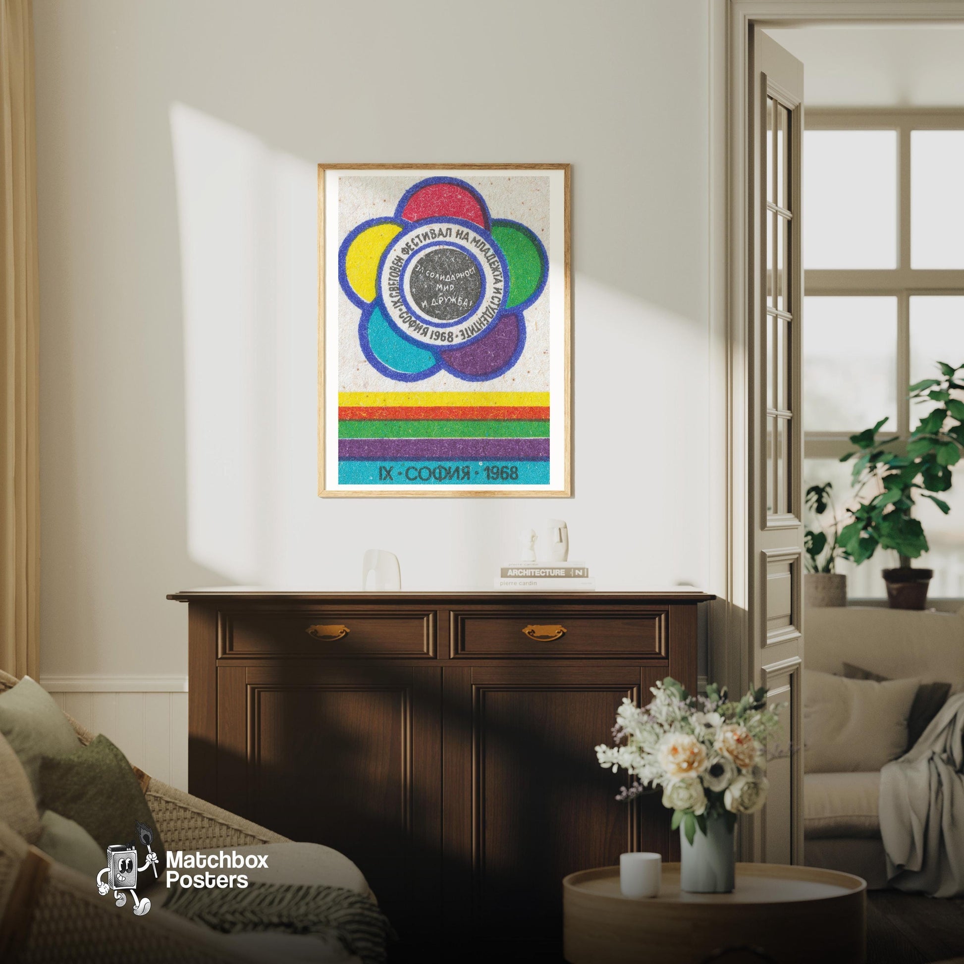 Colorful Flower with Text Circles - vintage matchbox label print - living room mockup