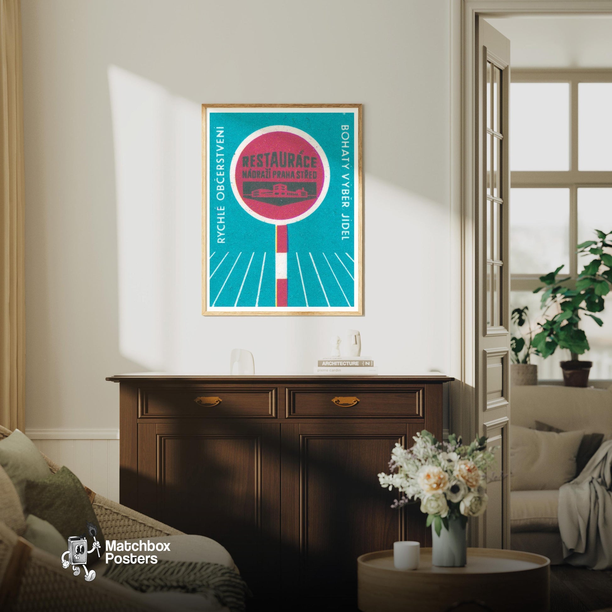 Fast Food Restaurant - vintage matchbox label print - living room mockup