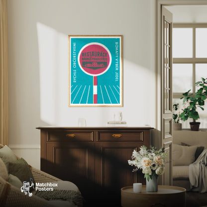 Fast Food Restaurant - vintage matchbox label print - living room mockup