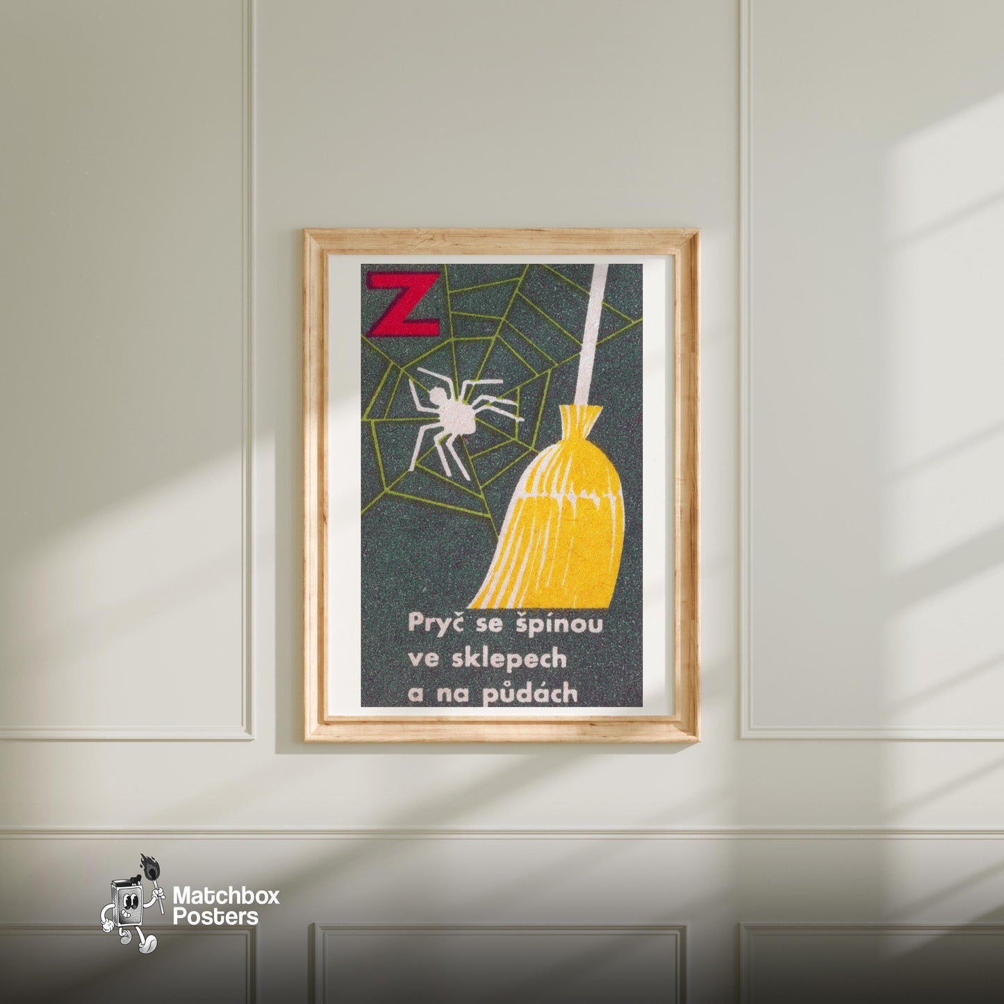 Clean Spiders - vintage matchbox label print - bedroom mockup