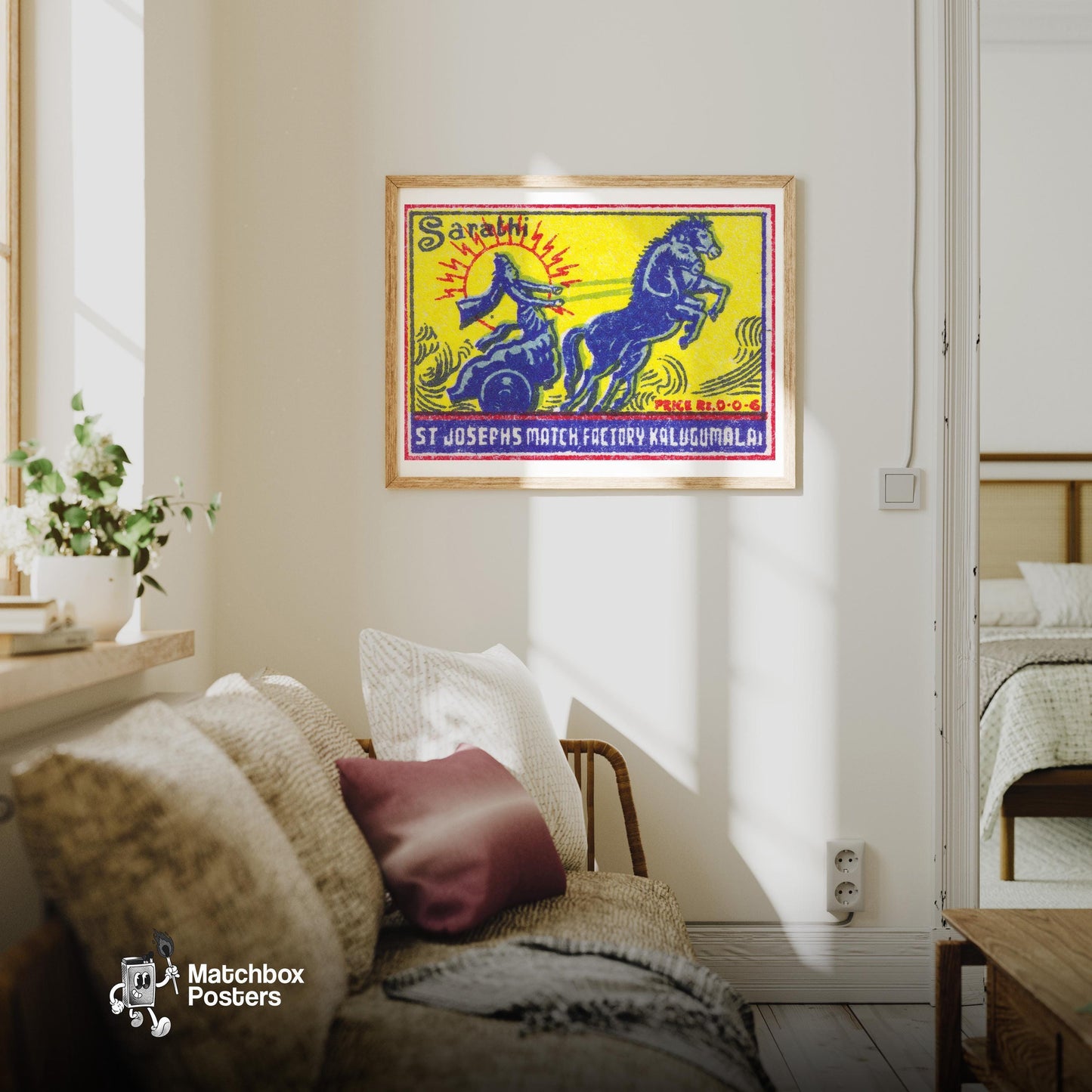 Goddess on Chariot - vintage matchbox label print - living room mockup