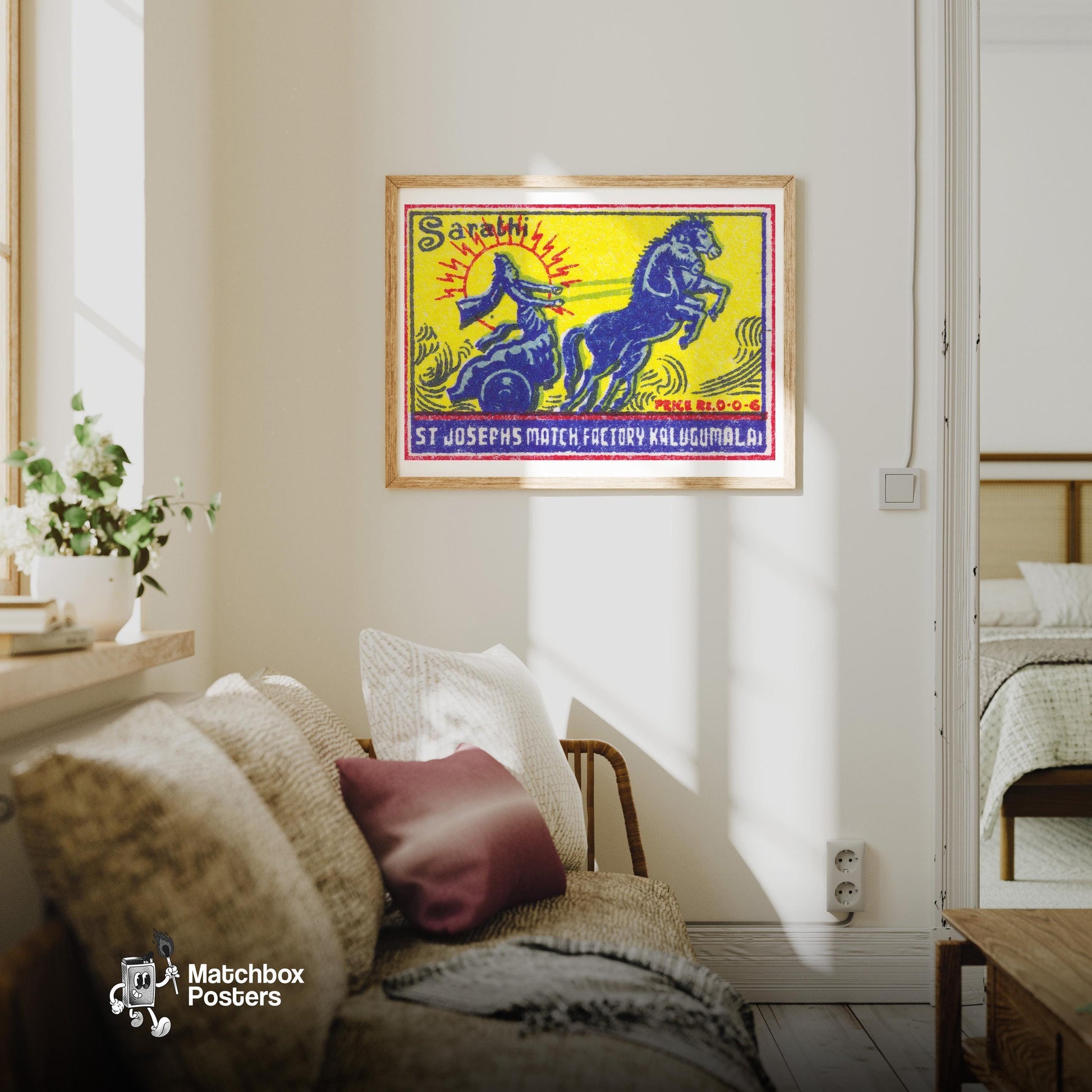 Goddess on Chariot - vintage matchbox label print - living room mockup