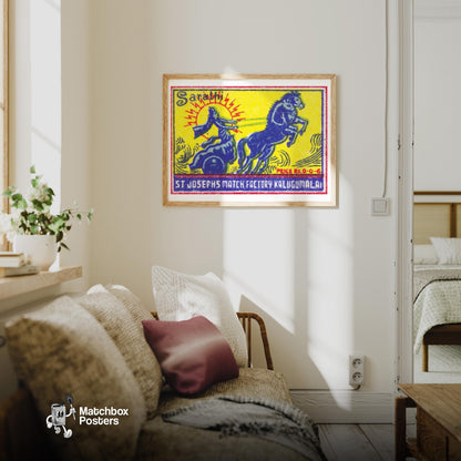 Goddess on Chariot - vintage matchbox label print - living room mockup