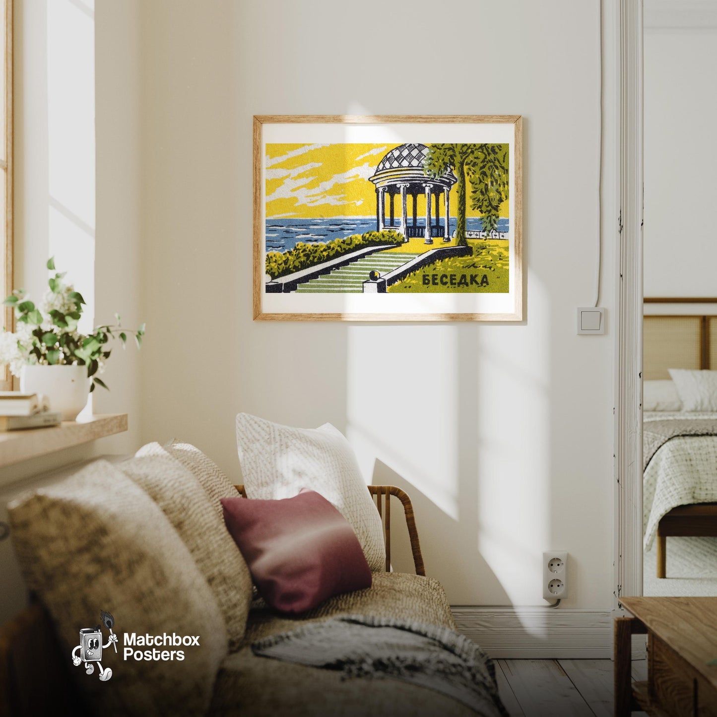 Seaside Terrace - vintage matchbox label print - living room mockup