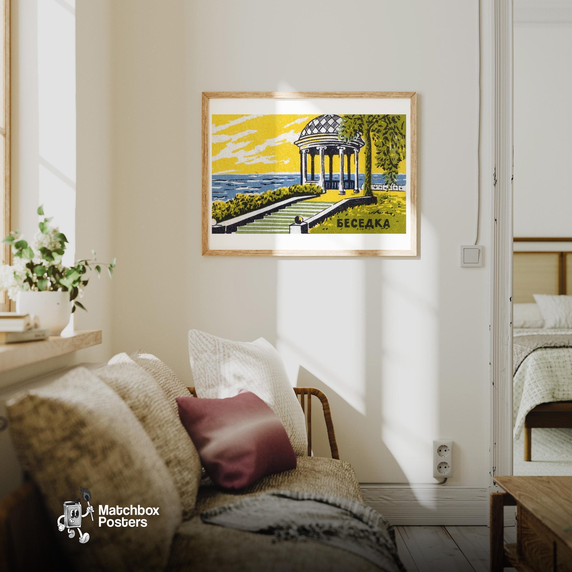 Seaside Terrace - vintage matchbox label print - living room mockup