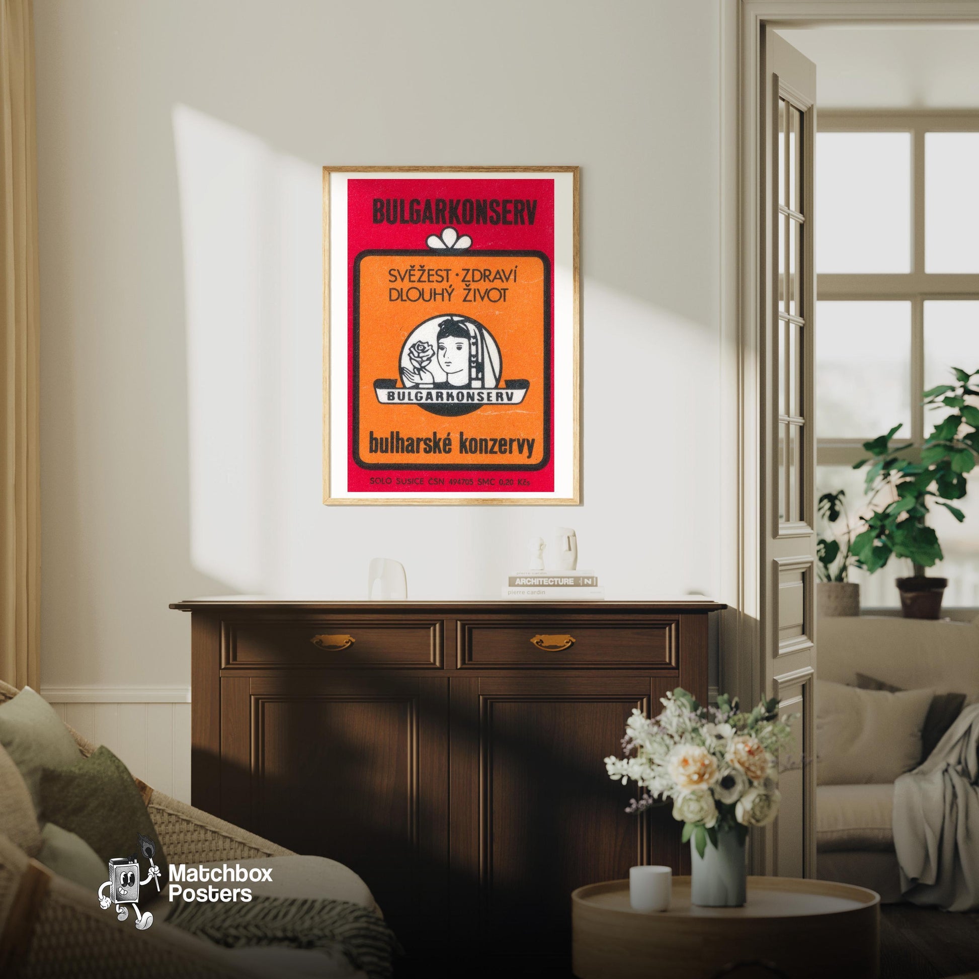 Woman with Rose - vintage matchbox label print - living room mockup