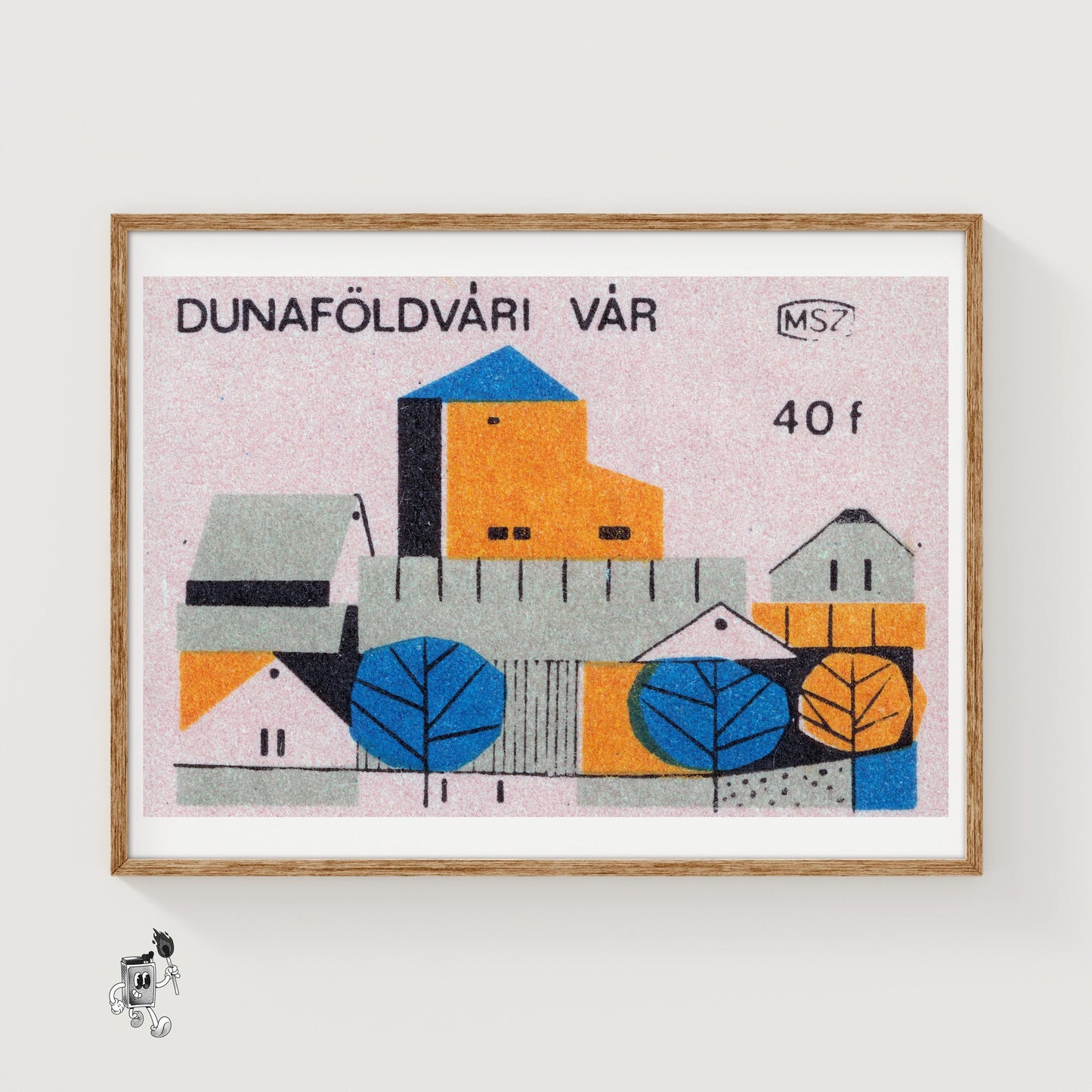 Blue and Orange Village - vintage matchbox label print