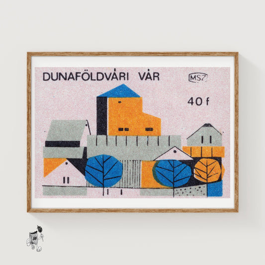 Blue and Orange Village - vintage matchbox label print