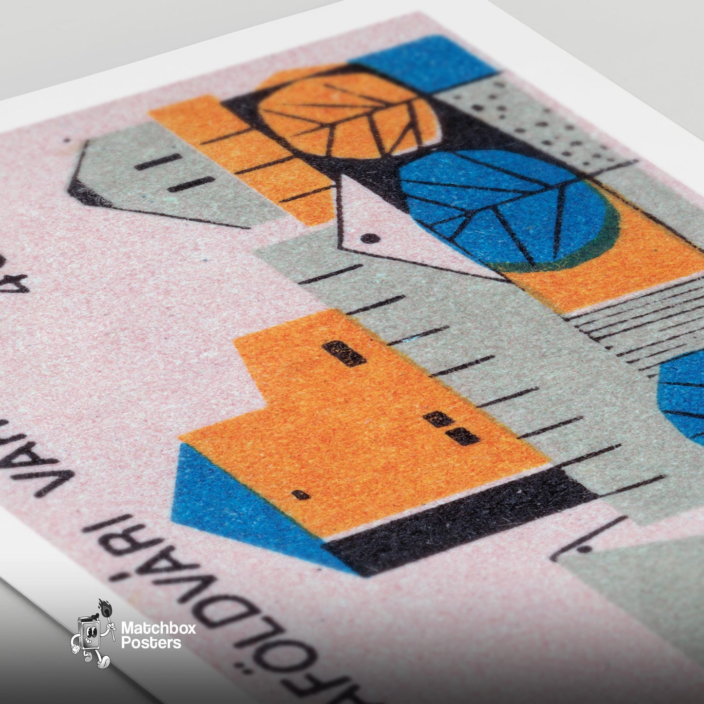 Blue and Orange Village - vintage matchbox label print - close-up detail