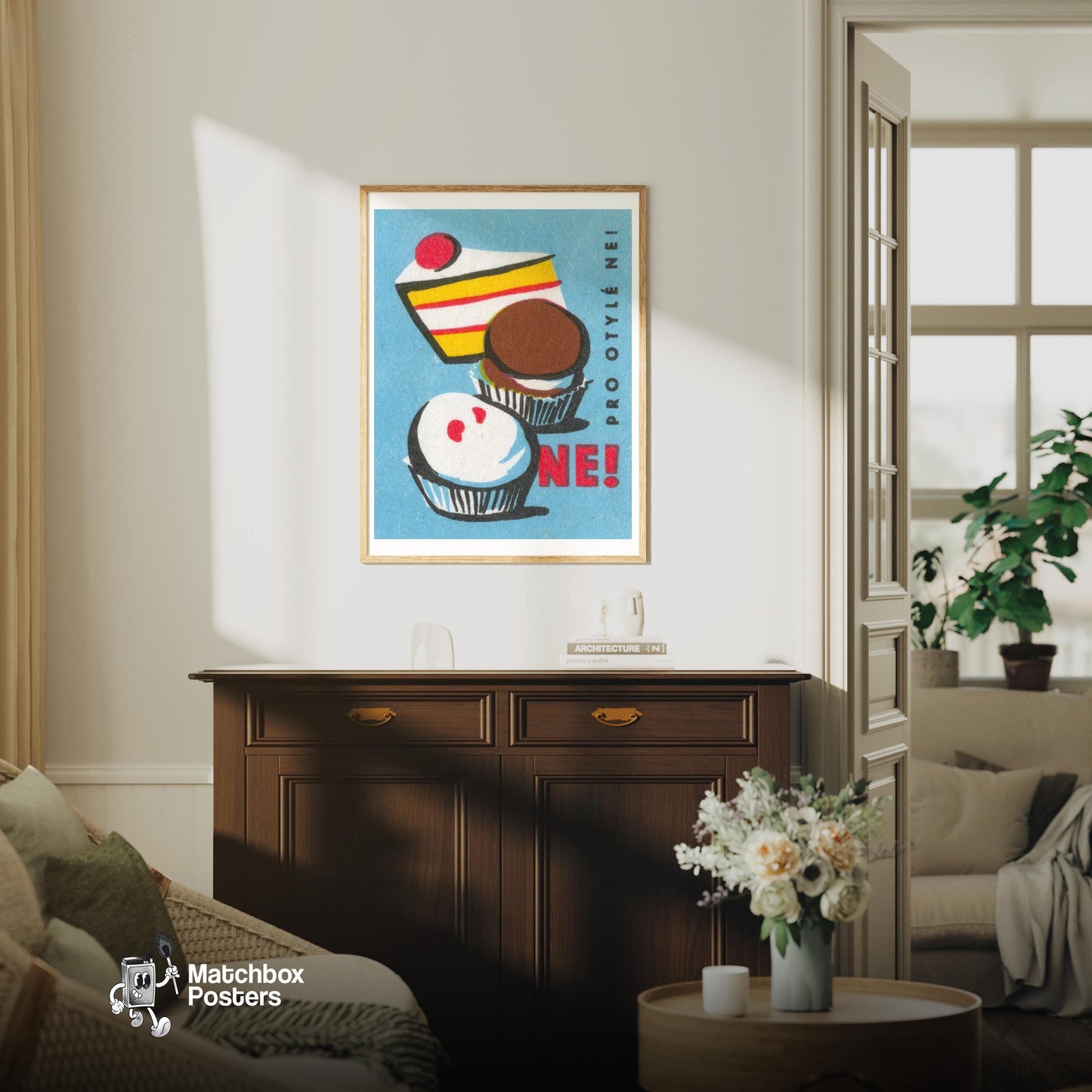 Cake and Cupcakes - vintage matchbox label print - living room mockup