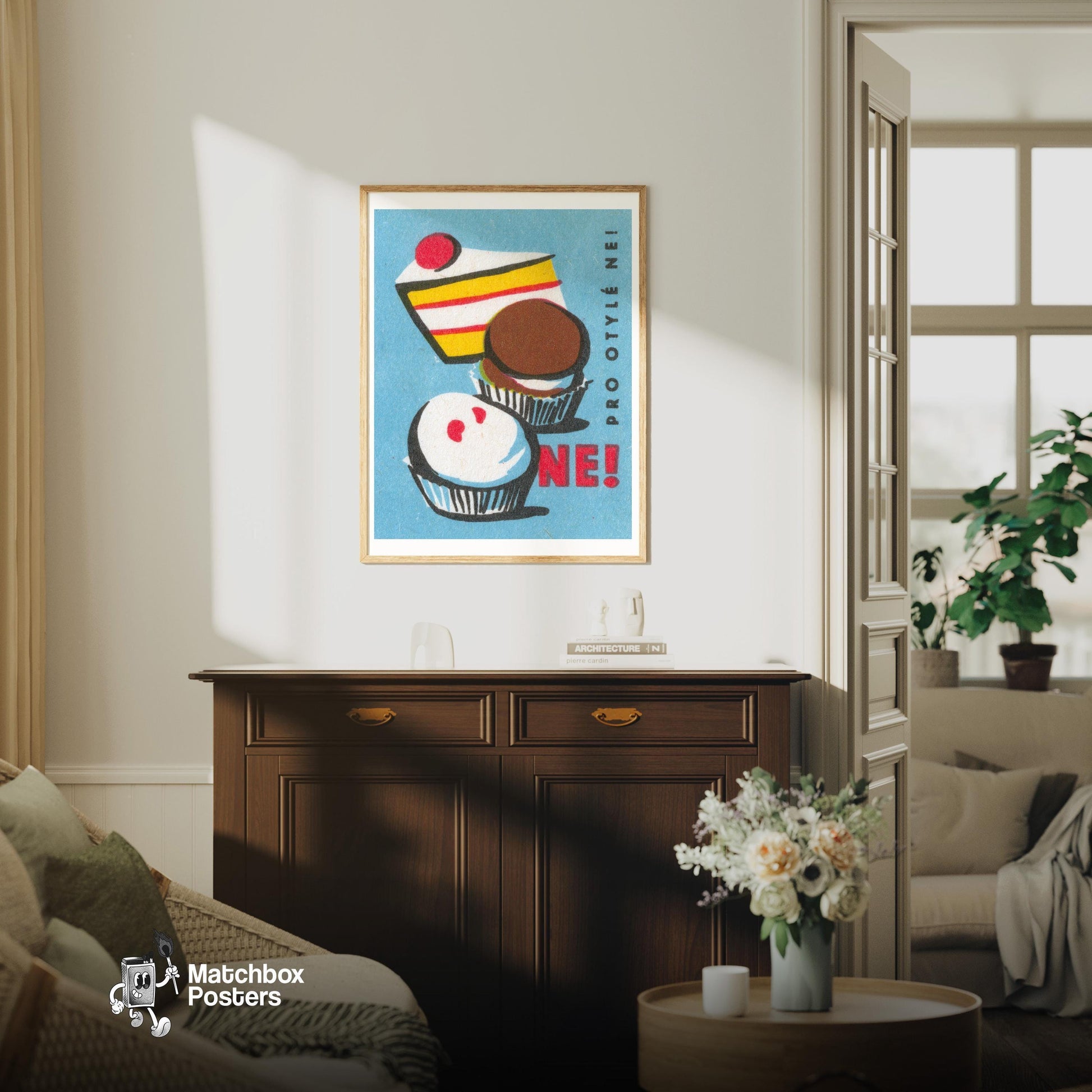Cake and Cupcakes - vintage matchbox label print - living room mockup