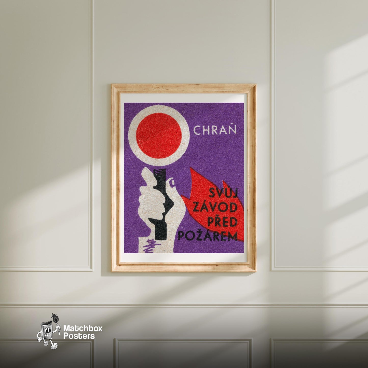 Hand Holding Torch - vintage matchbox label print - bedroom mockup