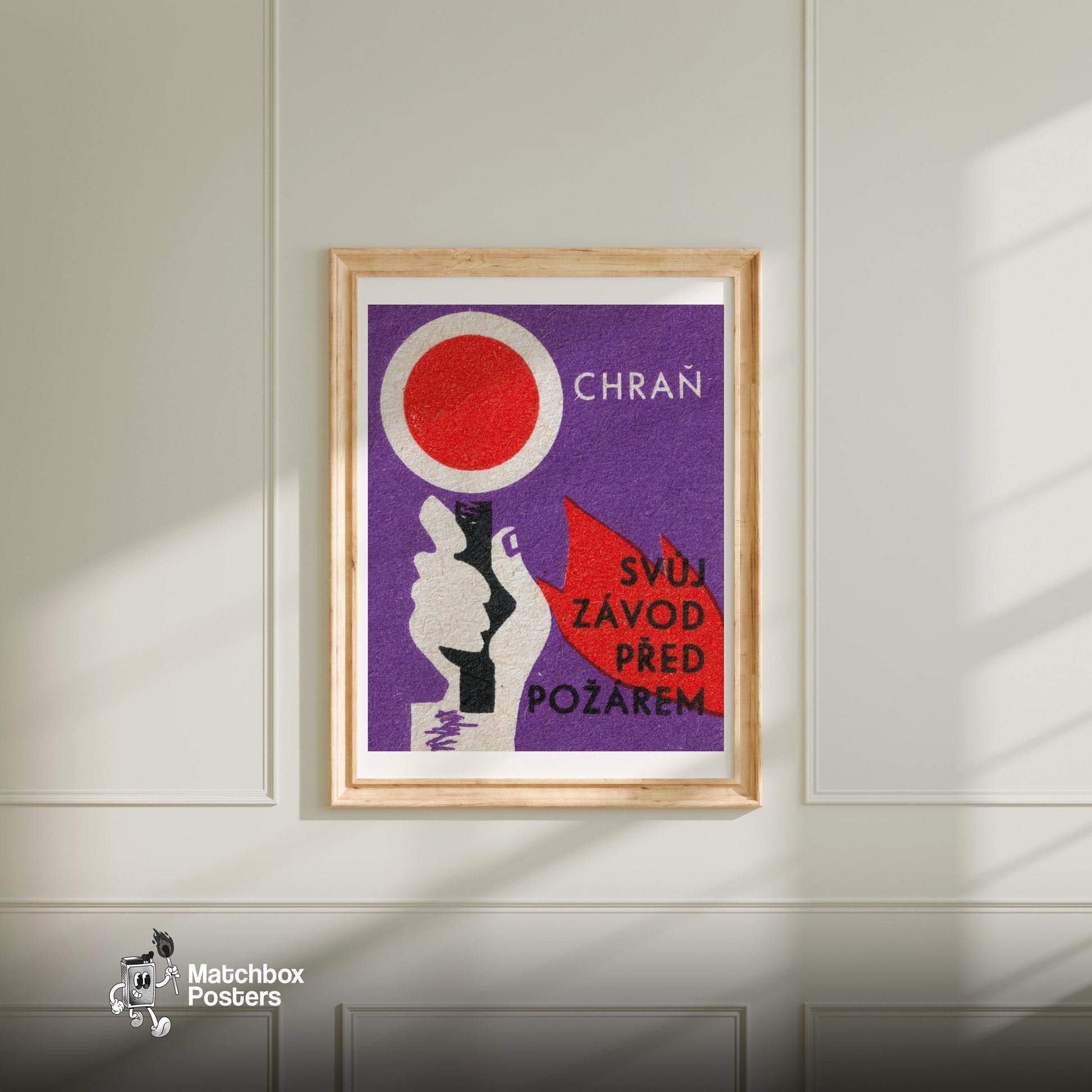 Hand Holding Torch - vintage matchbox label print - bedroom mockup