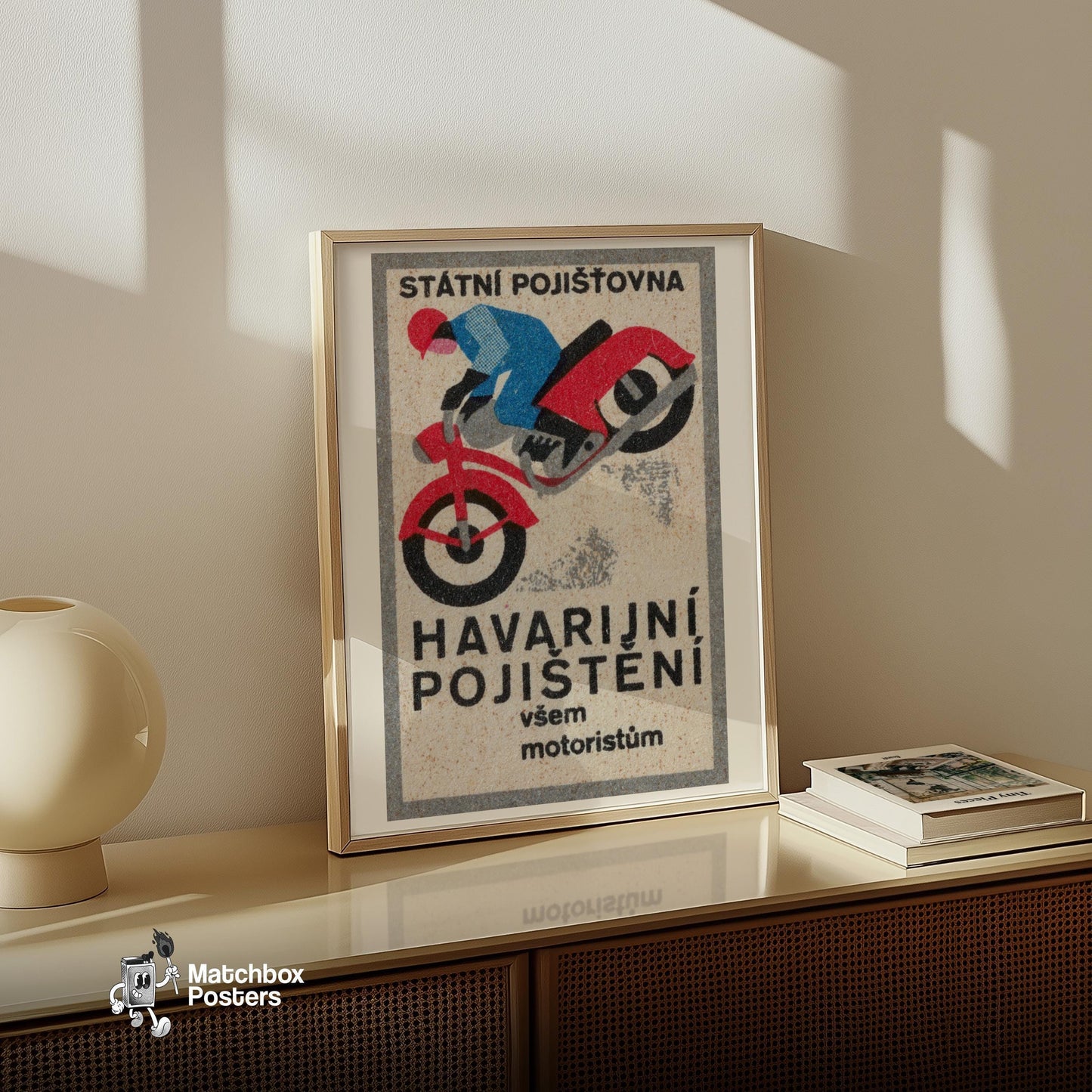 Motrocycle Crash - vintage matchbox label print - size comparison