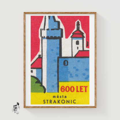 Strakonic Town 600 Years Old - vintage matchbox label print
