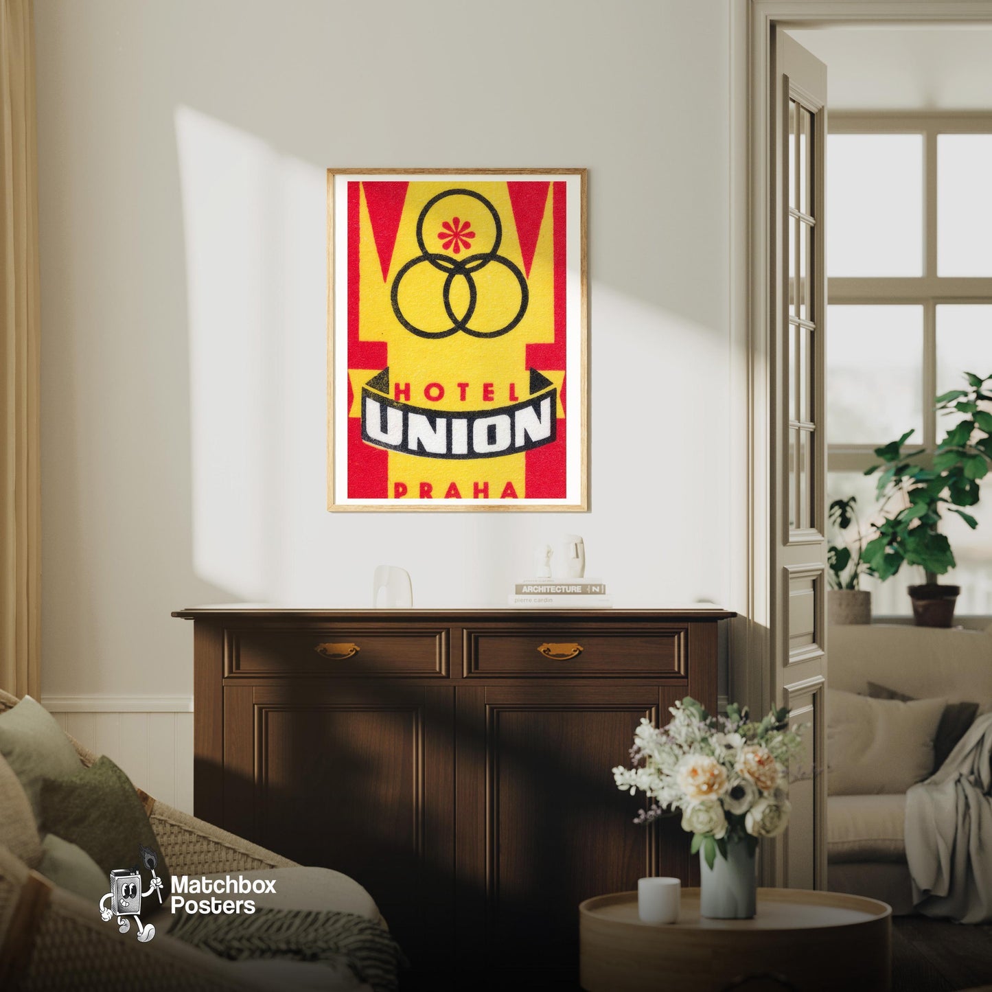 Hotel Union Prague - vintage matchbox label print - living room mockup