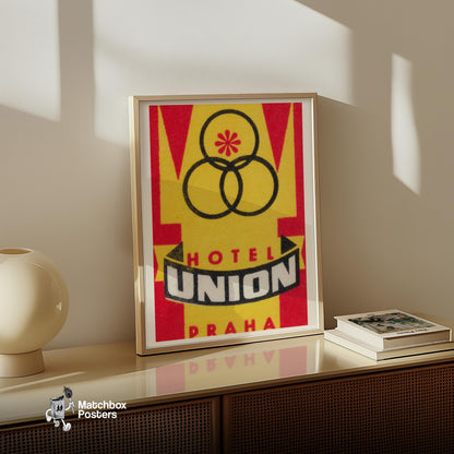 Hotel Union Prague - vintage matchbox label print - size comparison