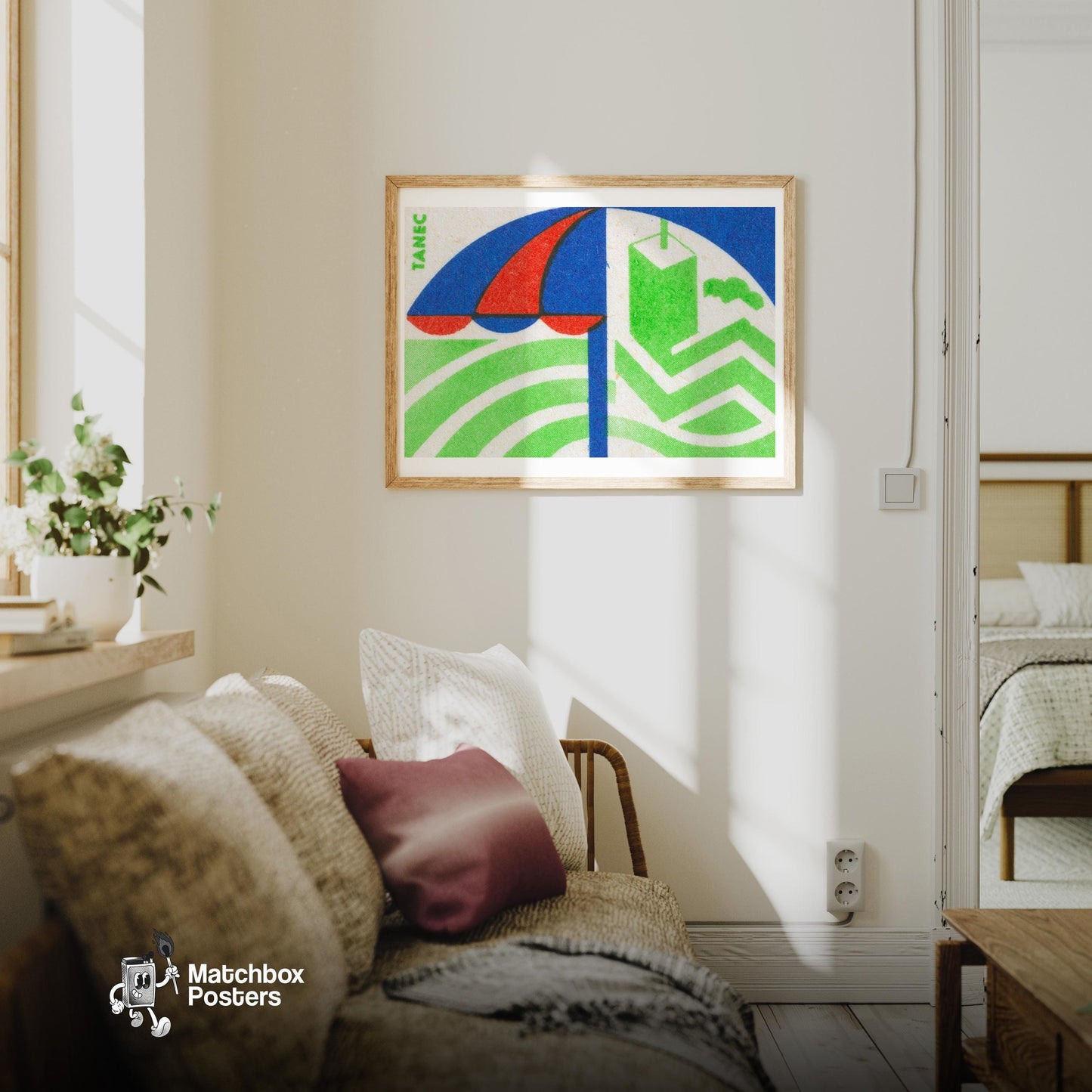 Geometric Sail - vintage matchbox label print - living room mockup