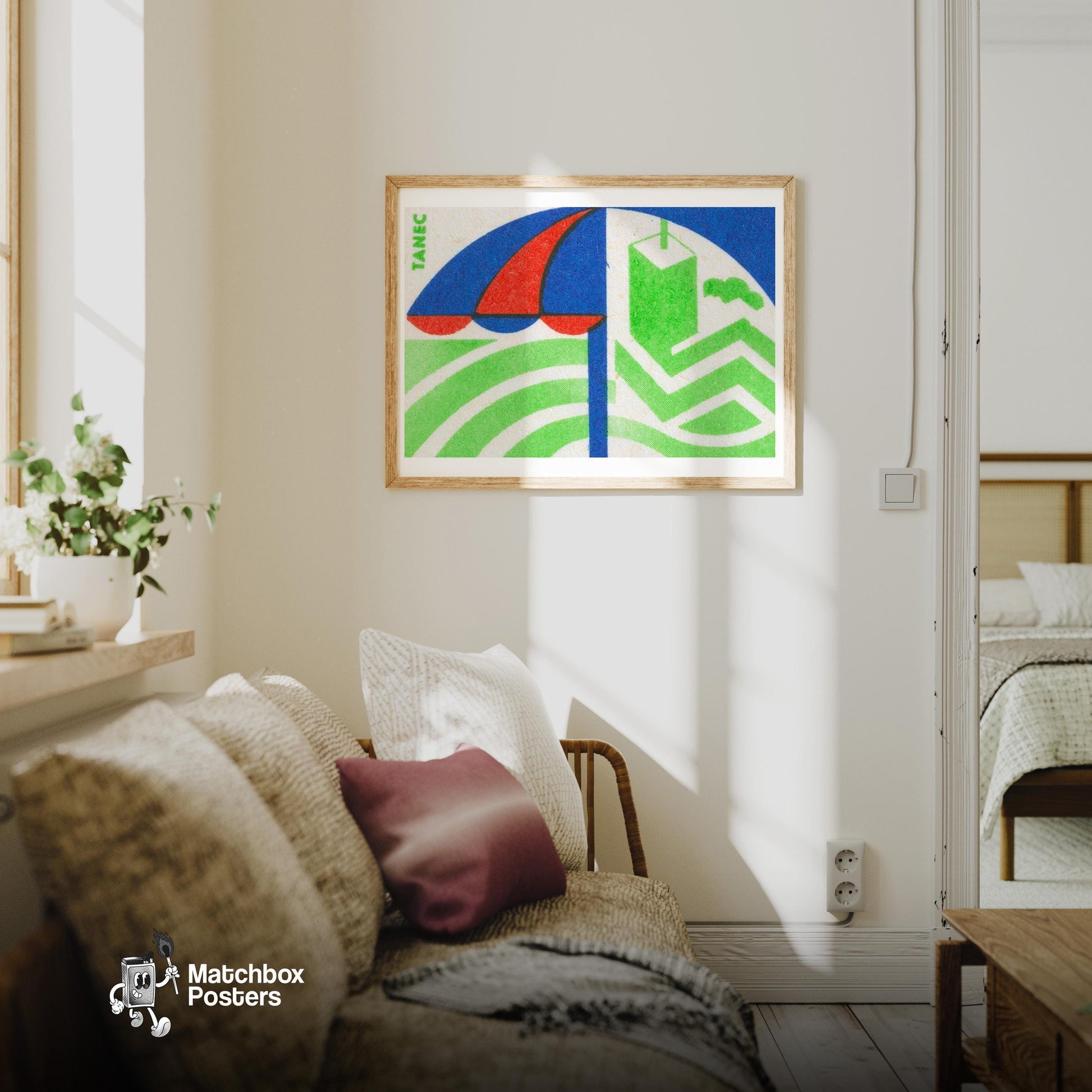 Geometric Sail - vintage matchbox label print - living room mockup