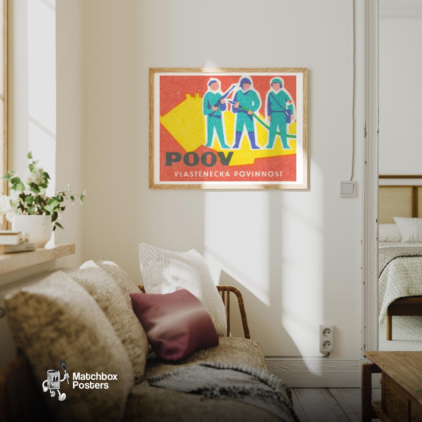 Three Soldiers - vintage matchbox label print - living room mockup
