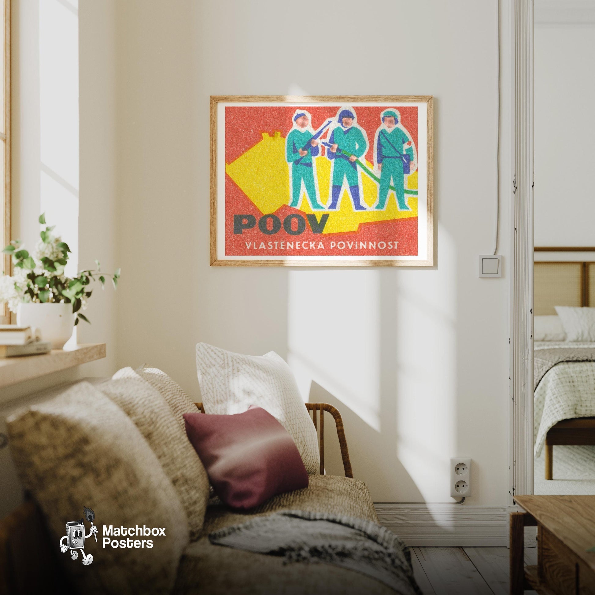Three Soldiers - vintage matchbox label print - living room mockup