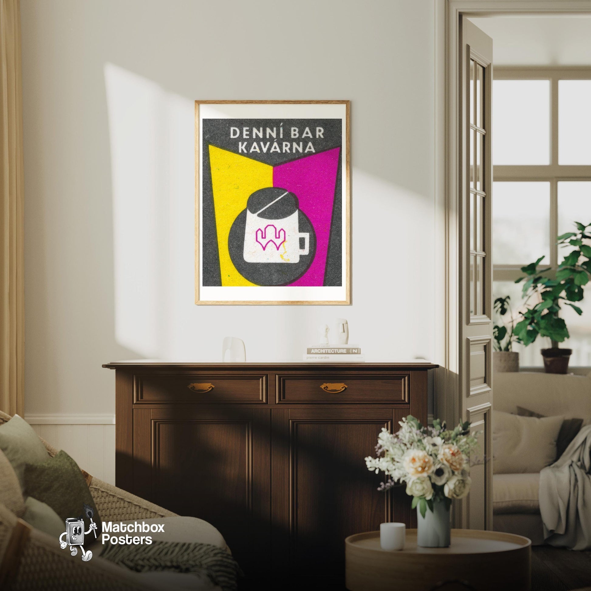 Denni Bar - vintage matchbox label print - living room mockup