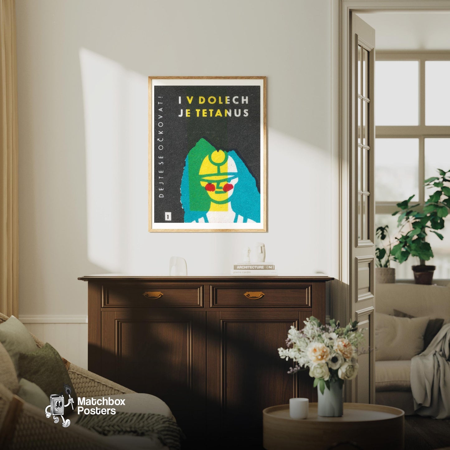 Beware Tetanus - vintage matchbox label print - living room mockup