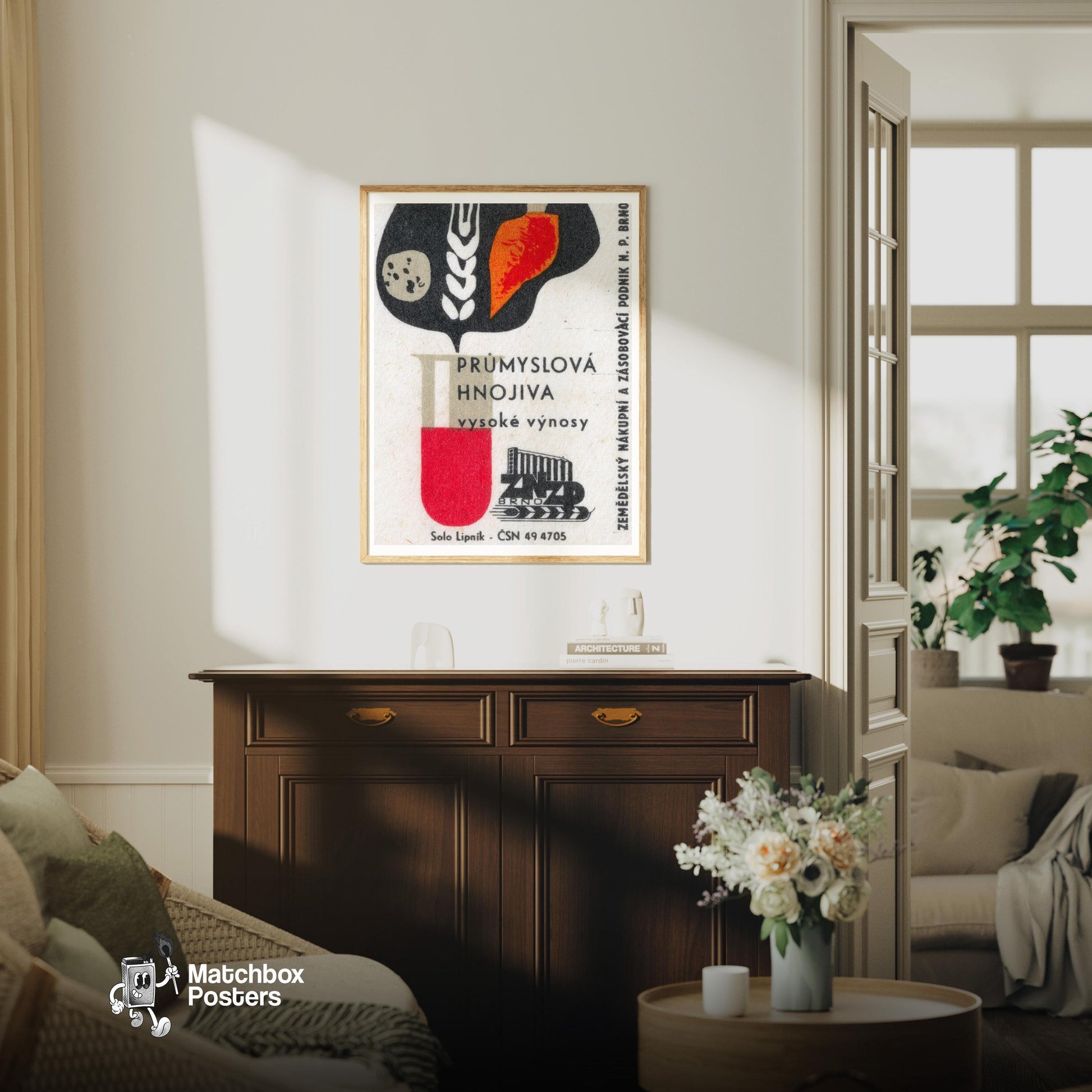 Industrial Fertilizers - vintage matchbox label print - living room mockup