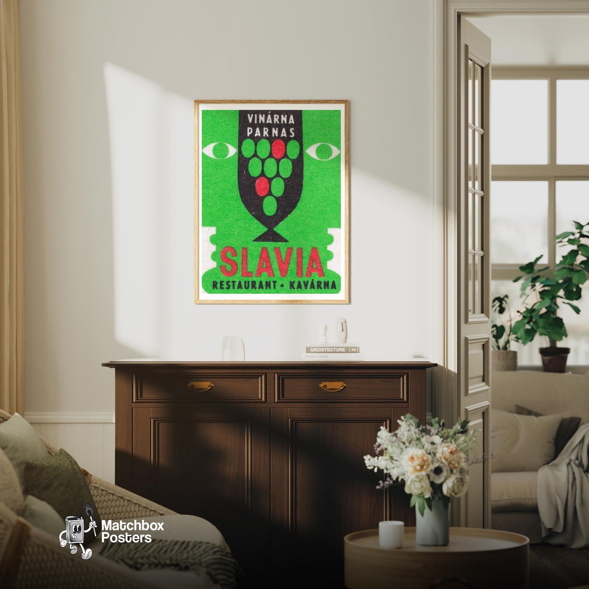 Slavia Restaurant Cafe - vintage matchbox label print - living room mockup