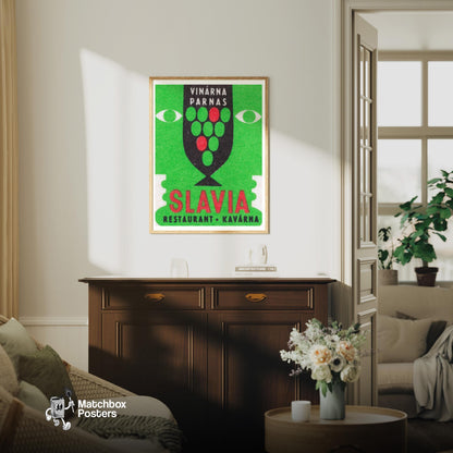 Slavia Restaurant Cafe - vintage matchbox label print - living room mockup