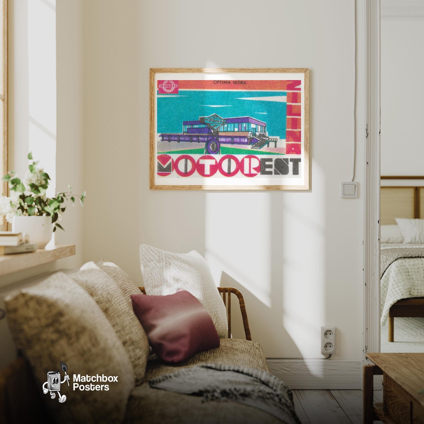 Purple Hotel - vintage matchbox label print - living room mockup