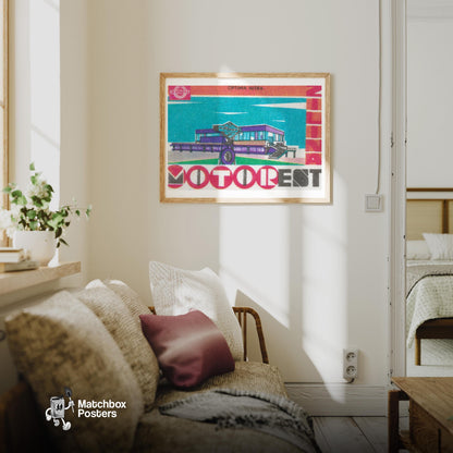 Purple Hotel - vintage matchbox label print - living room mockup