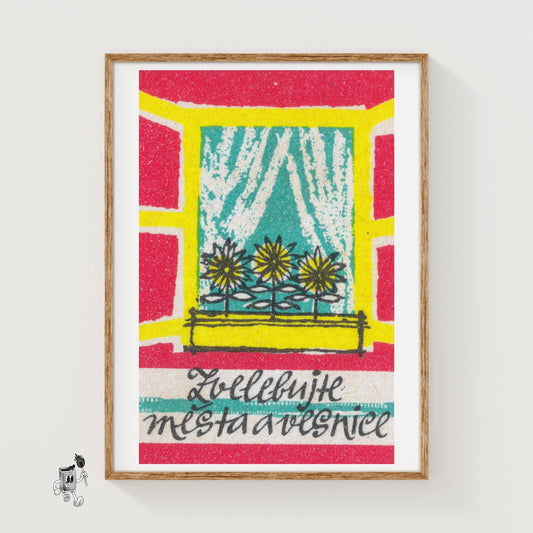 Sunflowers in Window - vintage matchbox label print