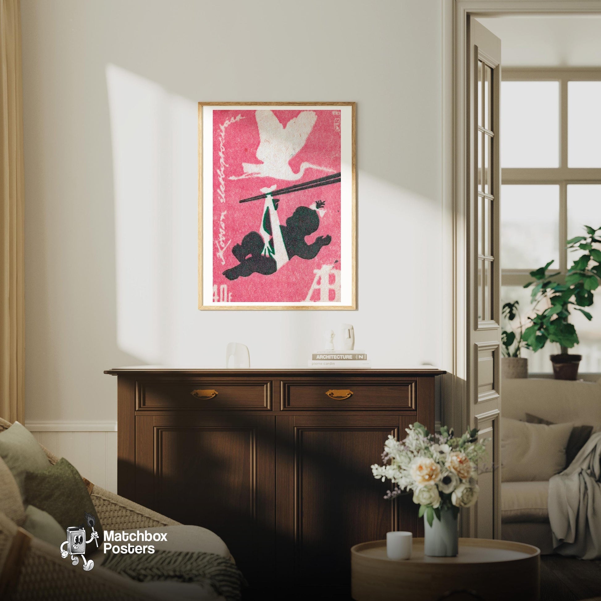 Stork and Baby - vintage matchbox label print - living room mockup