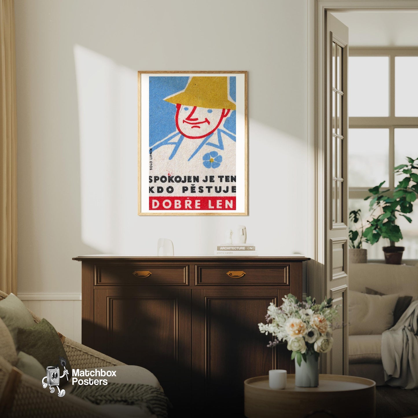 Man with Hat - vintage matchbox label print - living room mockup