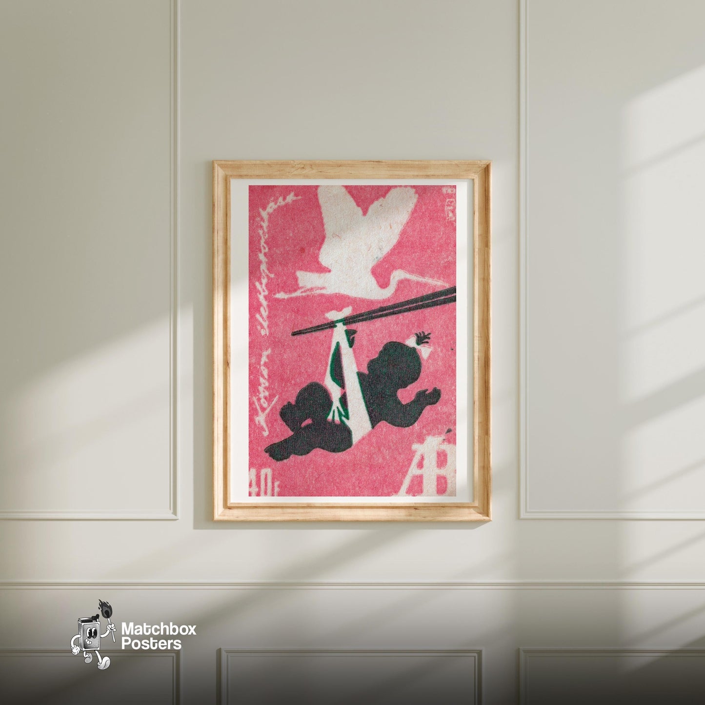 Stork and Baby - vintage matchbox label print - bedroom mockup
