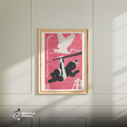 Stork and Baby - vintage matchbox label print - bedroom mockup