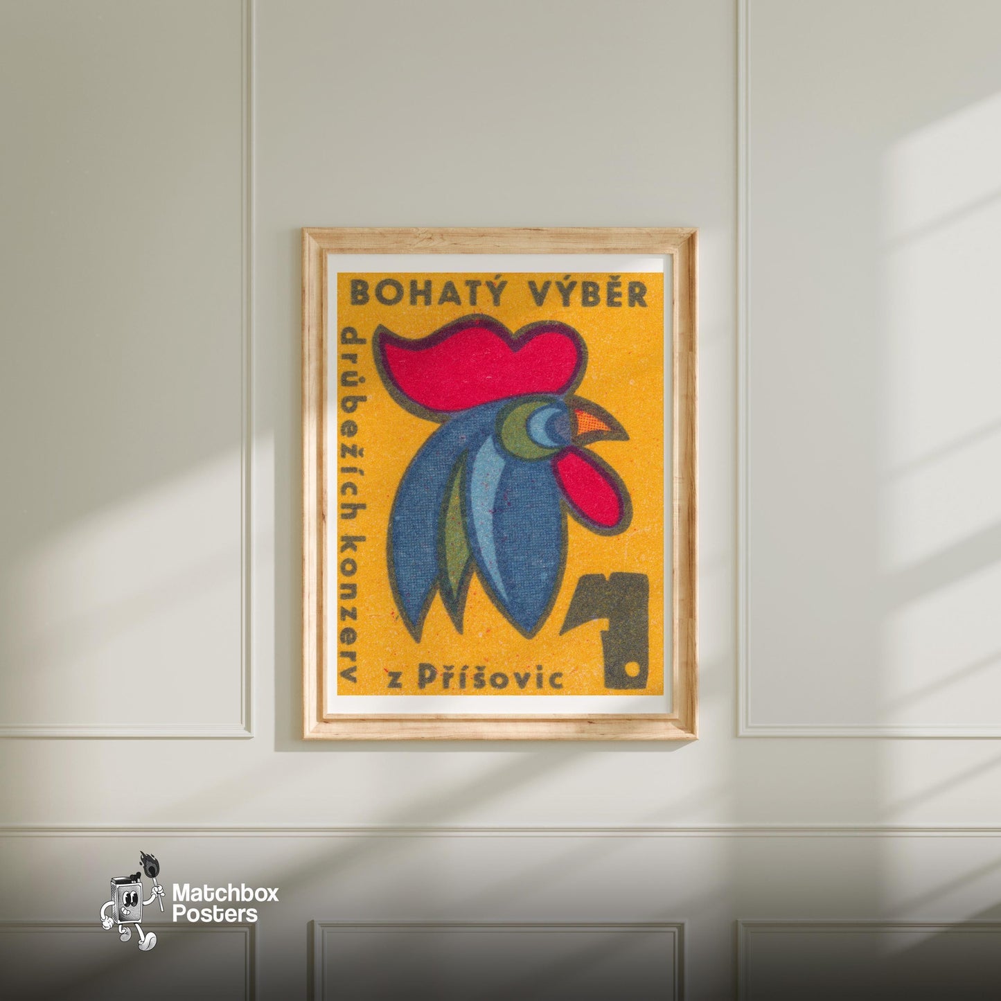 Rooster Head - vintage matchbox label print - bedroom mockup