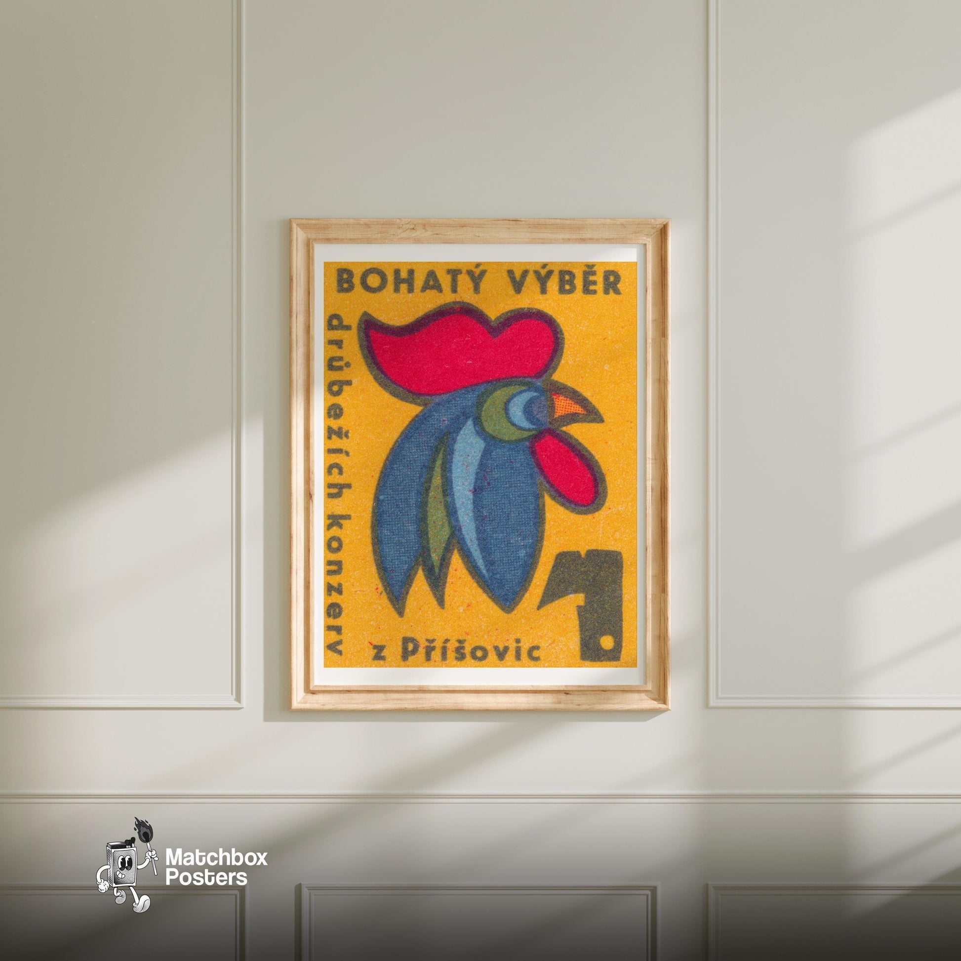 Rooster Head - vintage matchbox label print - bedroom mockup